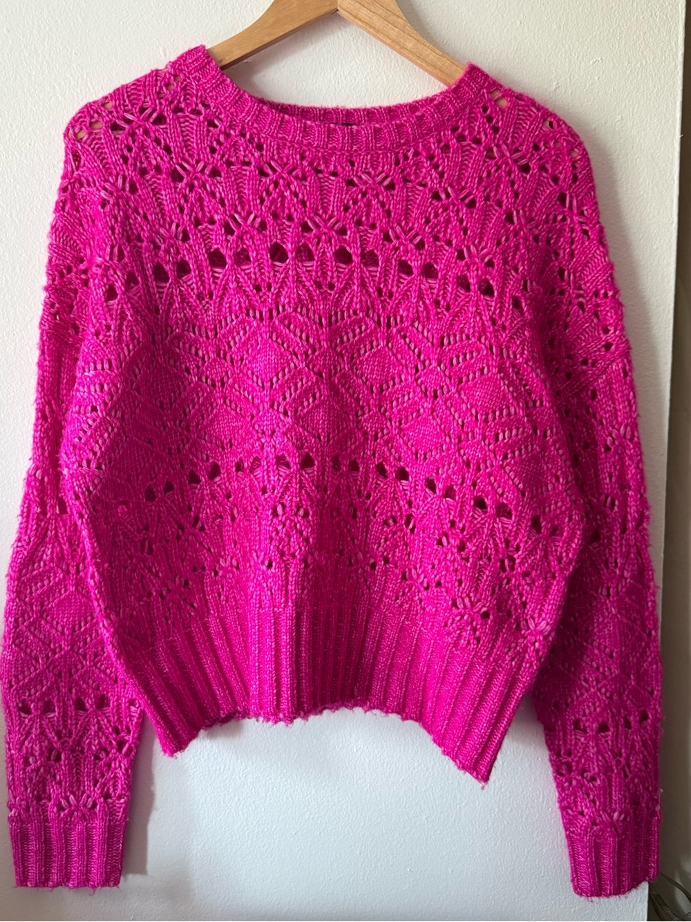 Express Hot Pink Openwork Crewneck Sweater